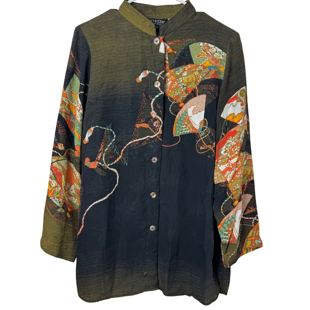 Citron Button Up Women S Black Green Silk Japanese Fan Print Mandarin Collar